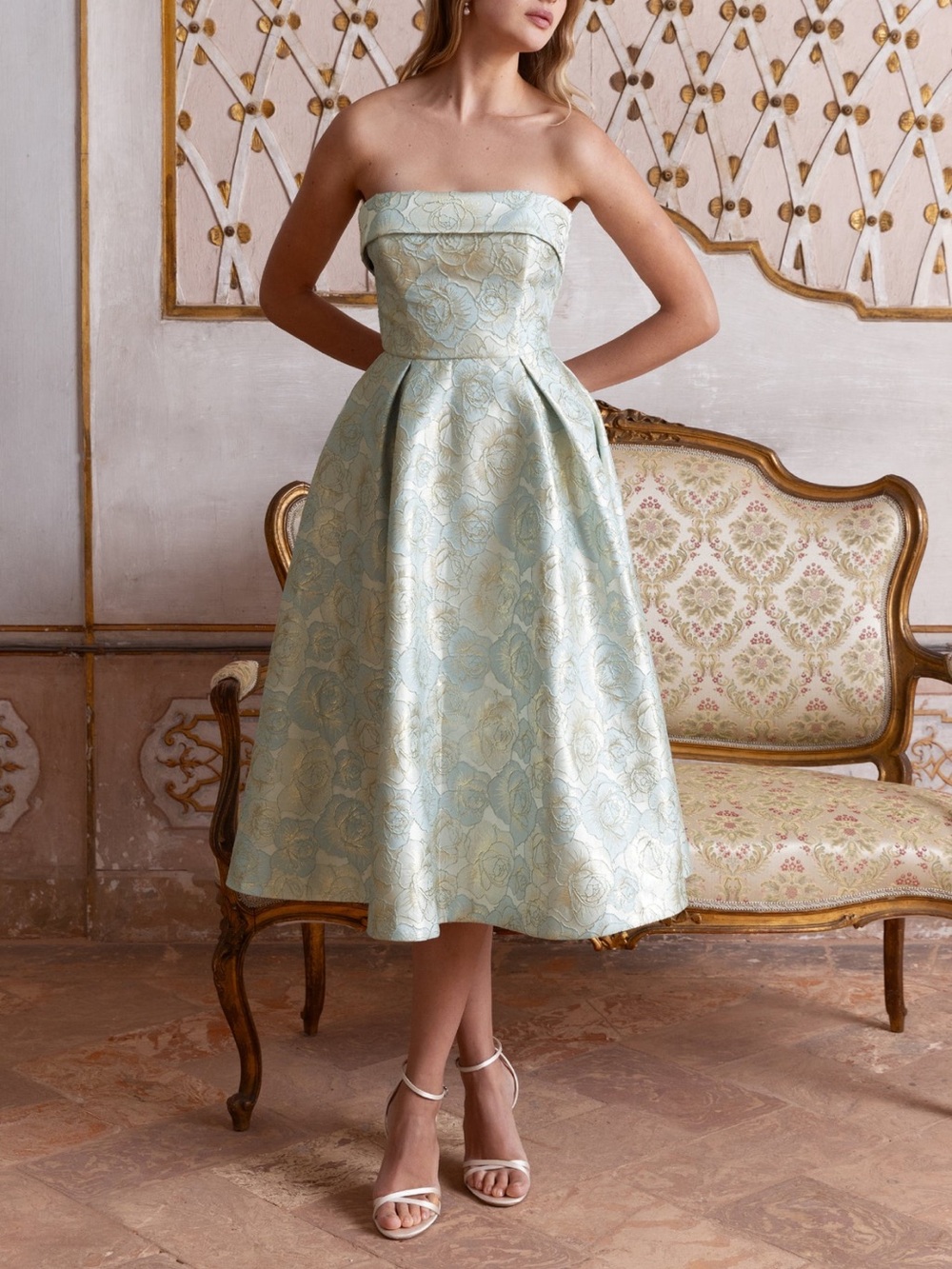 Club L London Tori Powder Blue Jacquard Bandeau Skater Midi Dress